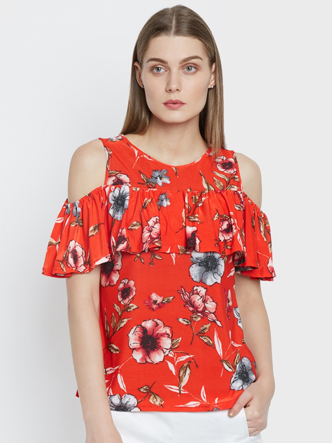 

AND Women Red Printed Cold-Shoulder Top