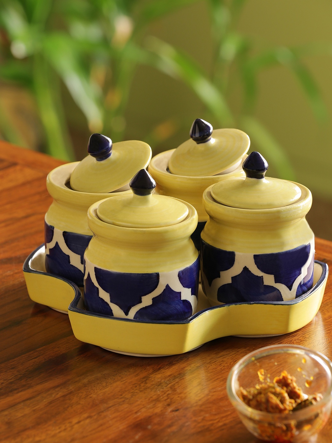 

ExclusiveLane Set of 4 Handpainted Ceramic Pickle & Chutney Jars, Yellow