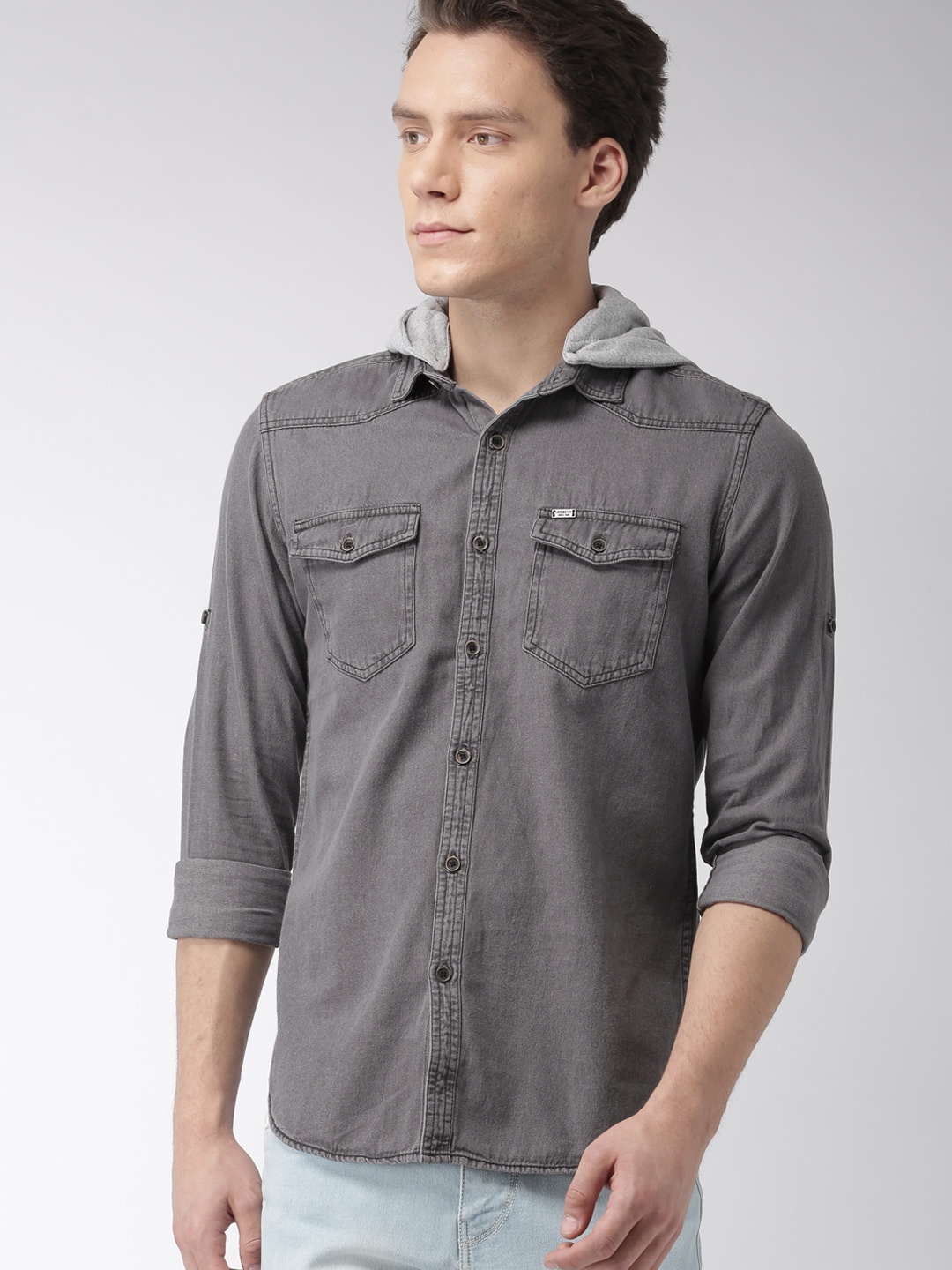 

LOCOMOTIVE Men Grey Slim Fit Solid Hooded Casual Shirt