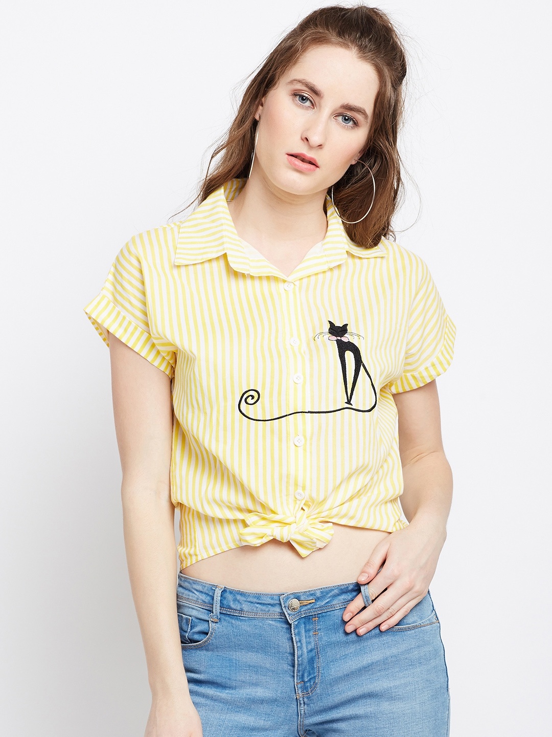 

Berrylush Women Yellow Striped Shirt Style Pure Cotton Top