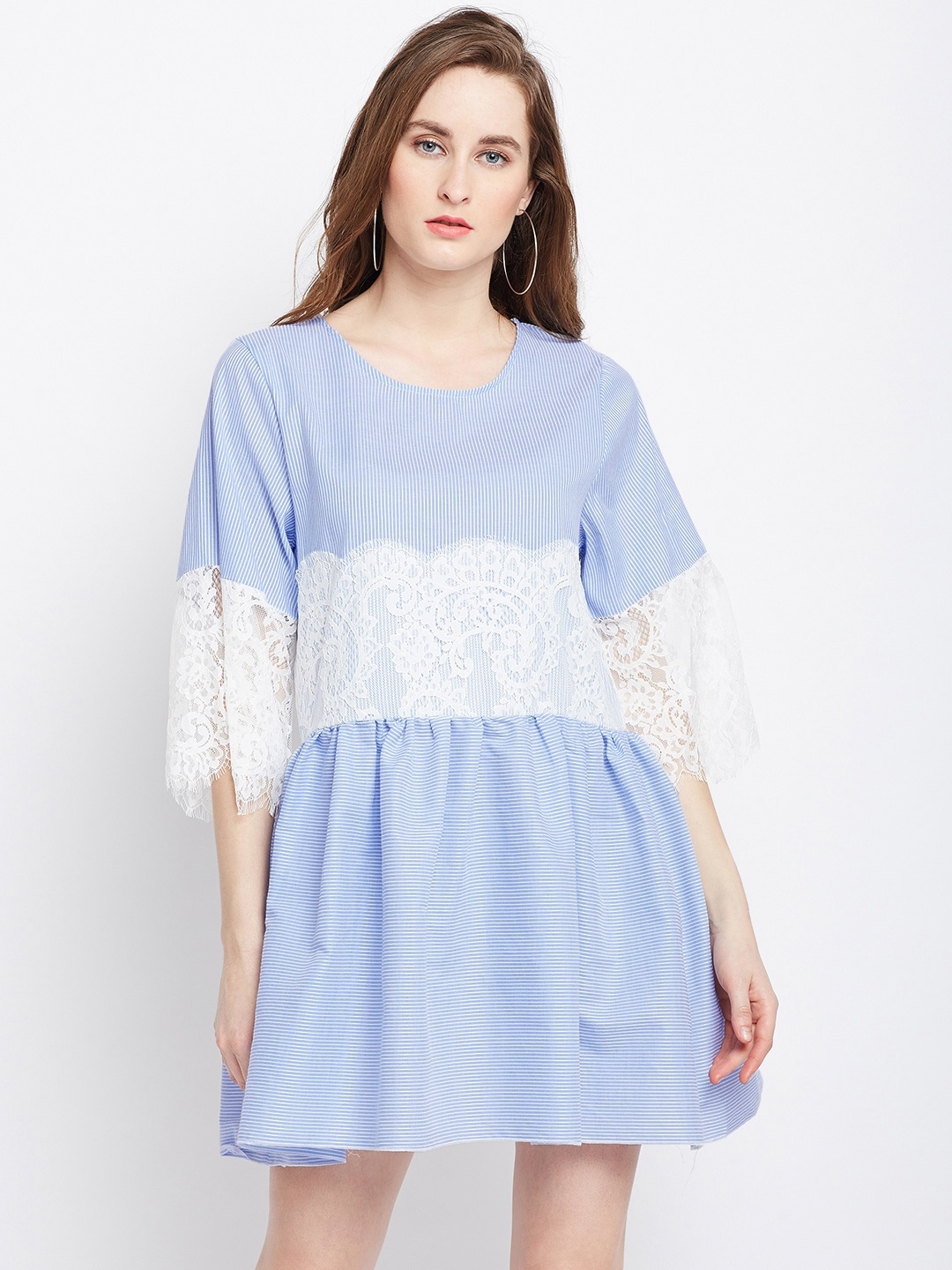 

Berrylush Women Blue Striped A-Line Dress