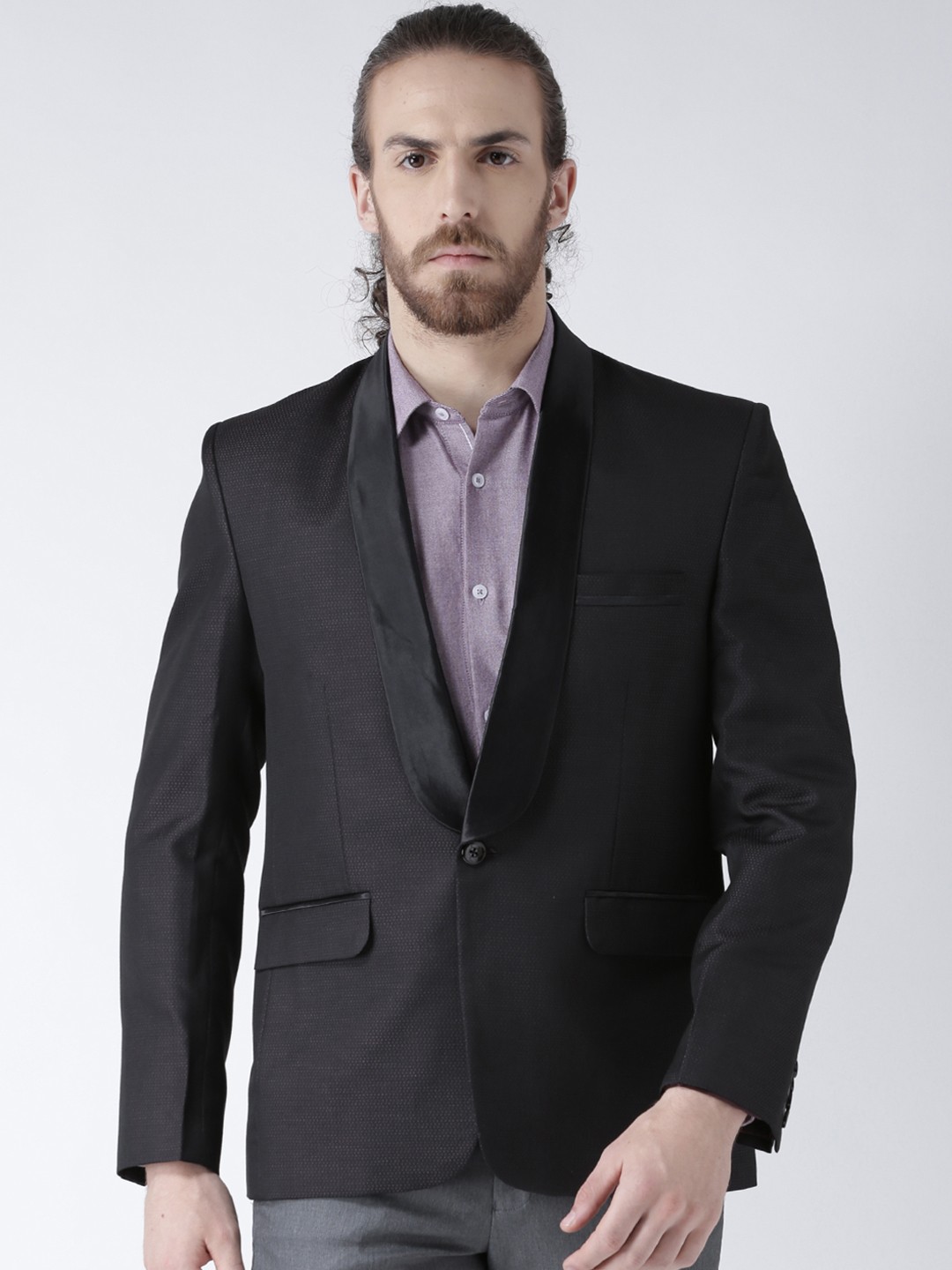 

DEYAAN Men Black Self-Design Slim Fit Blazer
