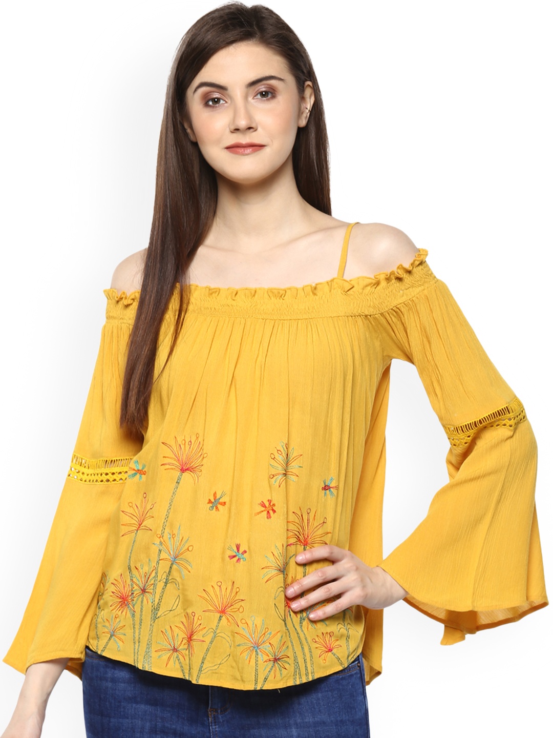 

Taurus Women Yellow Printed Bardot Top
