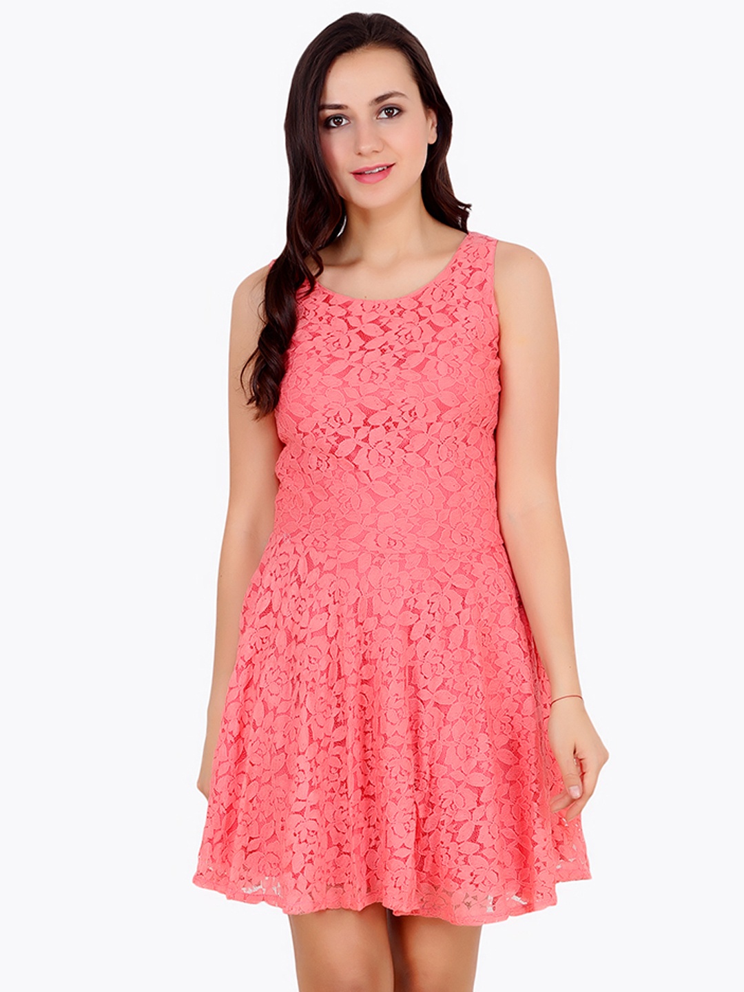 

Cation Women Peach-Coloured Self Design Lace Fit and Flare Dress