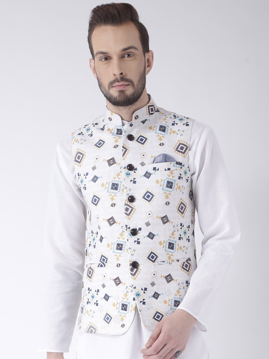 Hangup Men Off-White Printed Nehru Jacket