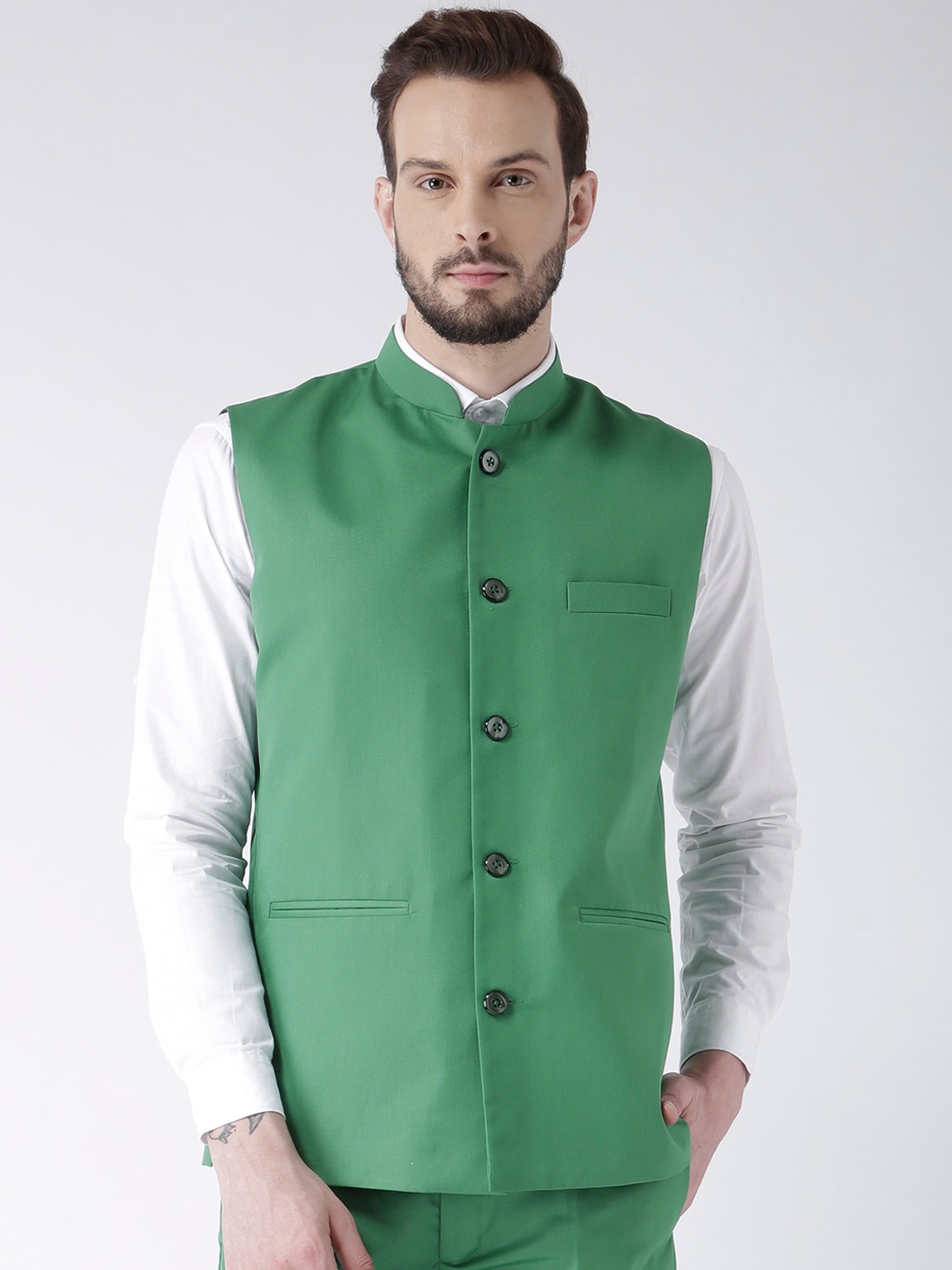 

Hangup Men Green Solid Nehru Jacket