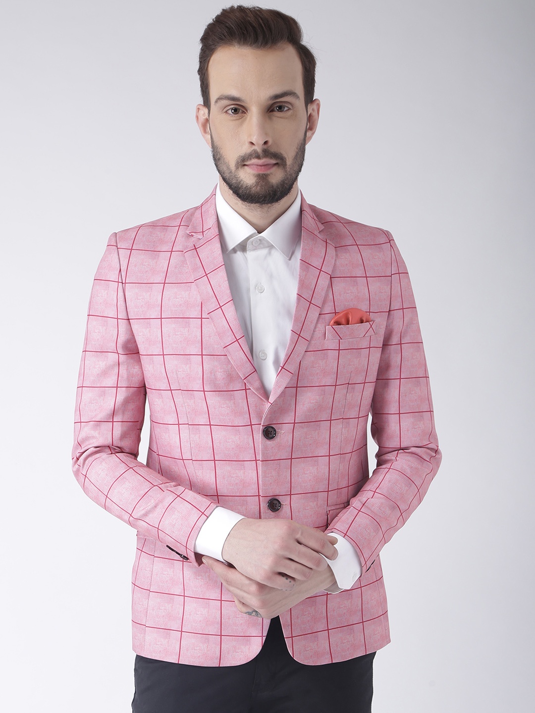 

Hangup Men Pink Checkered Slim Fit Blazer