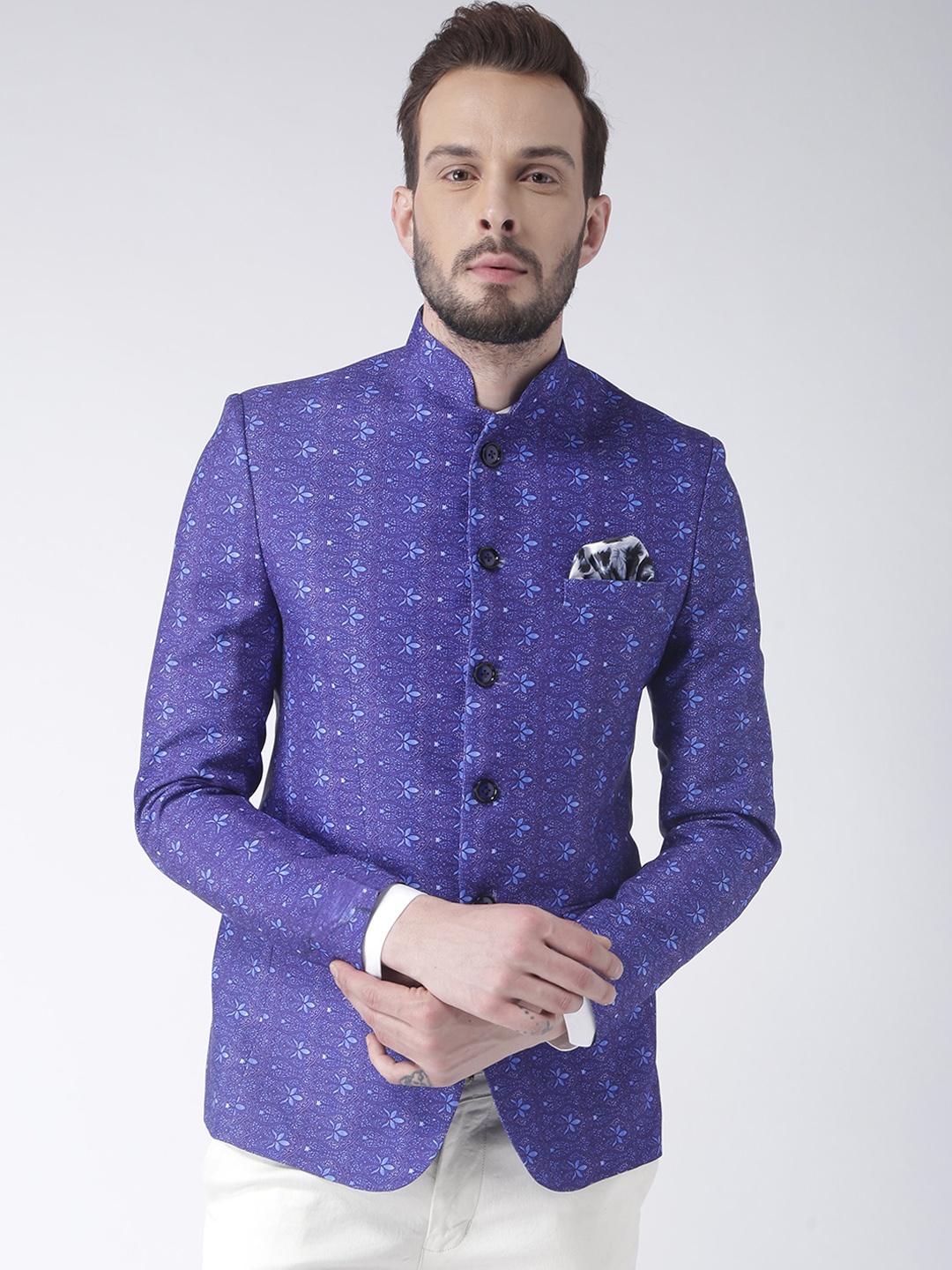 

Hangup Men Blue Printed Slim Fit Blazer