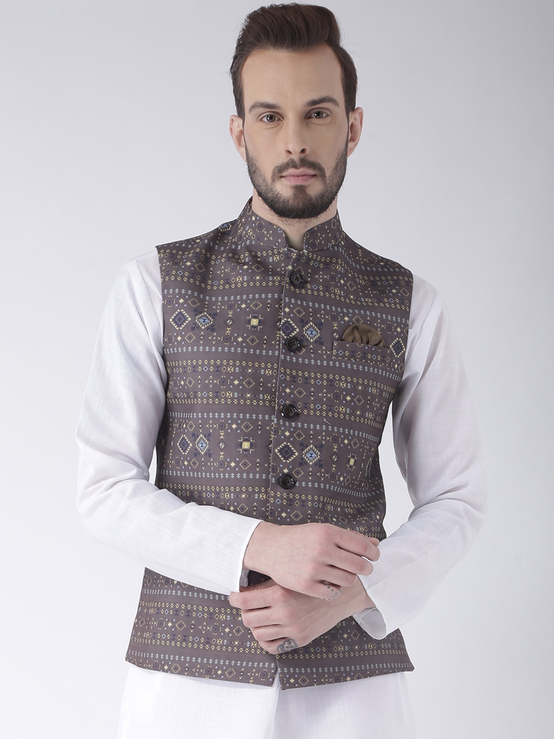 

Hangup Men Taupe Printed Nehru Jacket