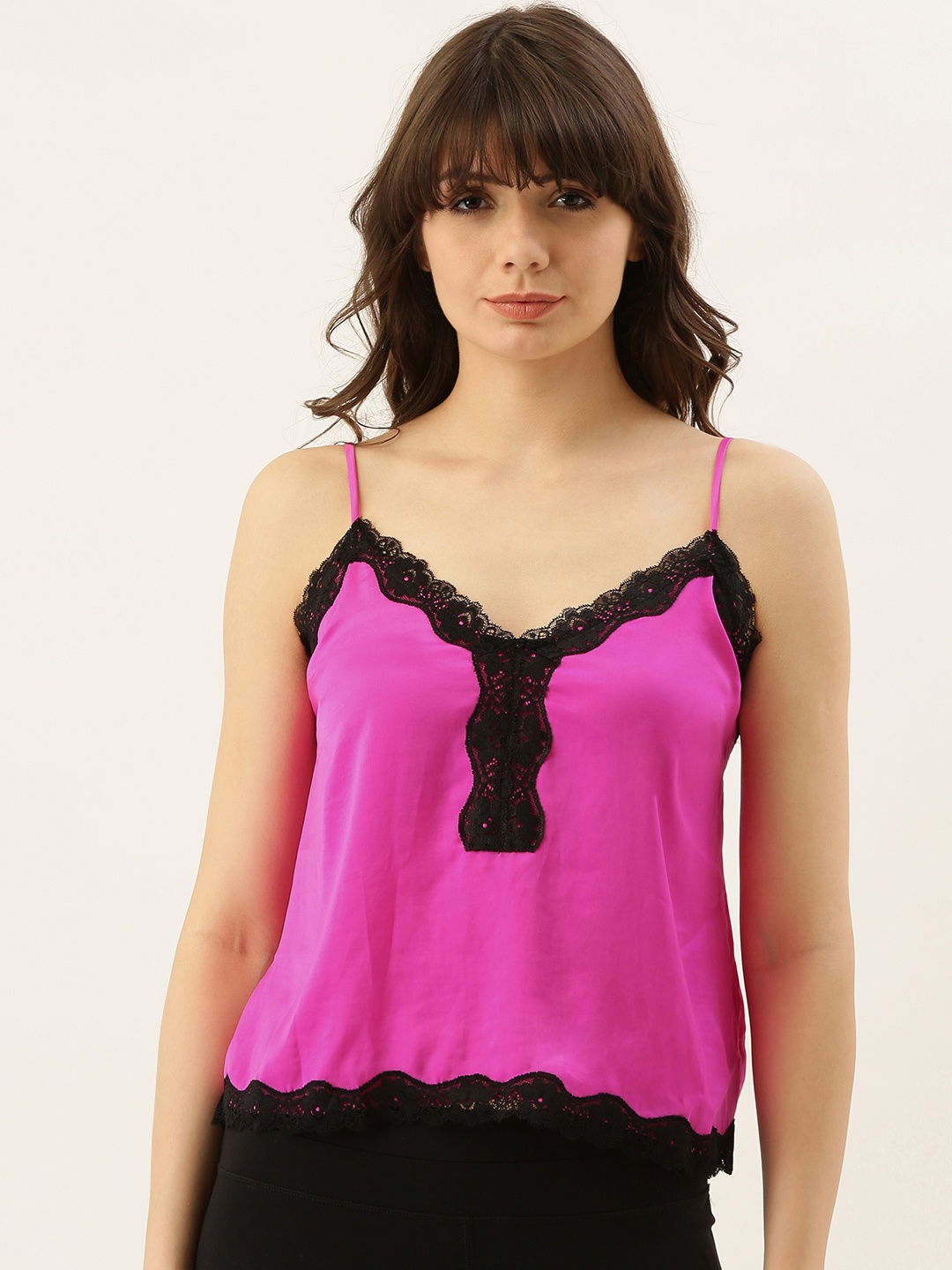 

FOREVER 21 Women Pink Solid Top With Lace Detail
