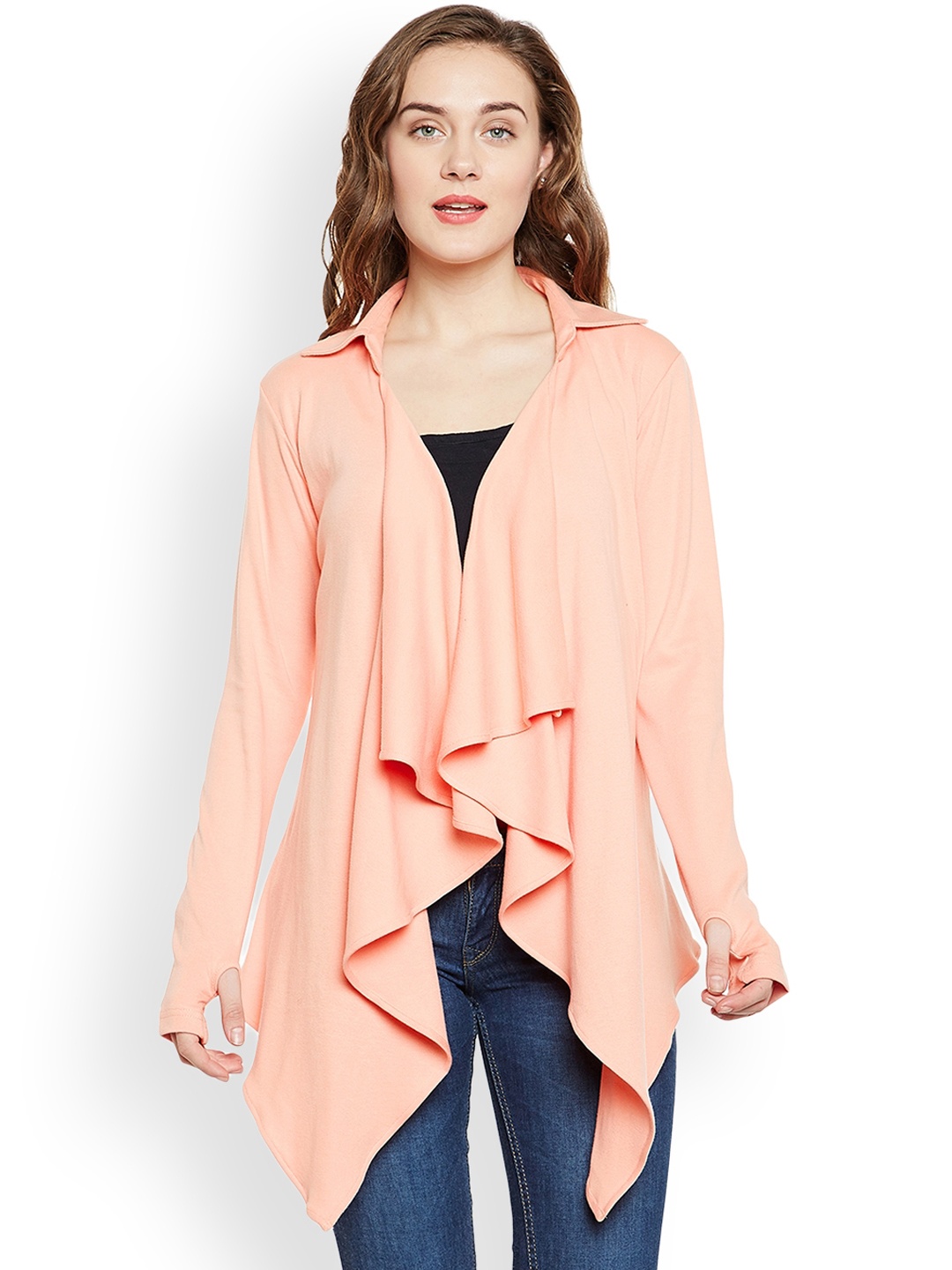 

Hypernation Peach-Coloured Solid Open Front Shrug