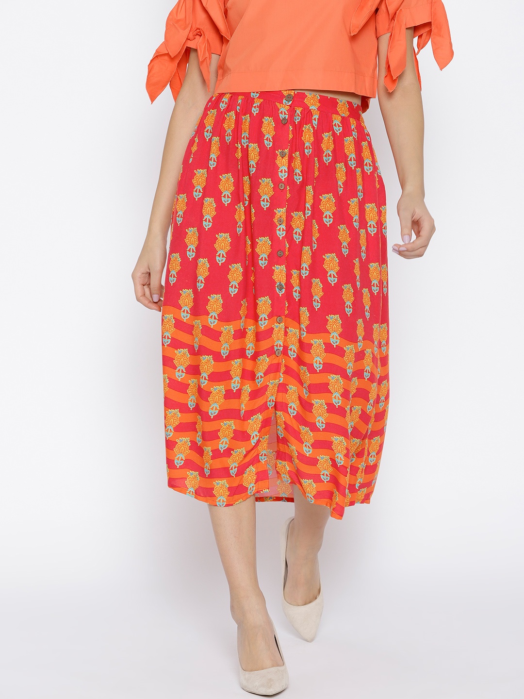 

Global Desi Women Red & Orange Printed Skirt