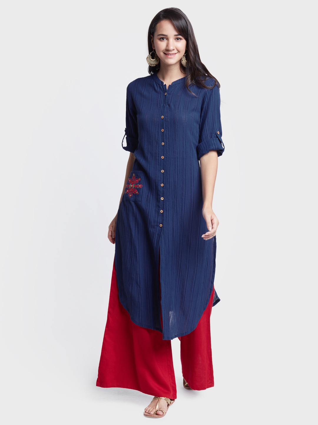 

Global Desi Women Navy Blue Self-Striped Straight Kurta