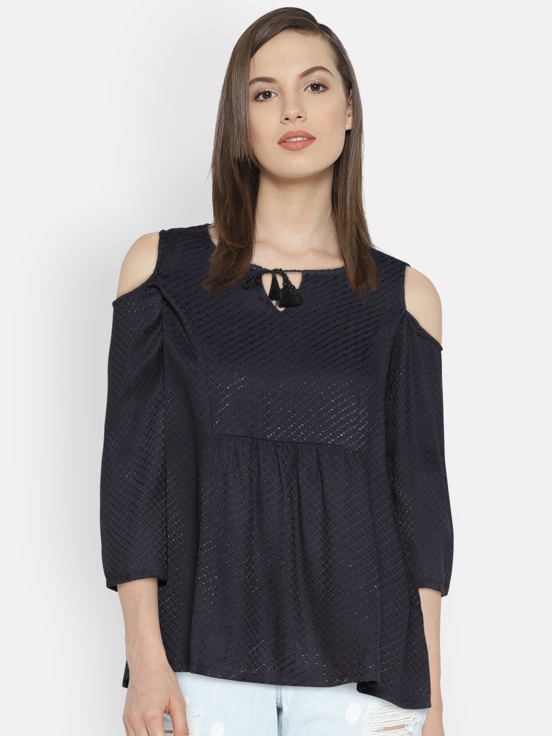 

Global Desi Women Black & Navy Blue Self Design Top