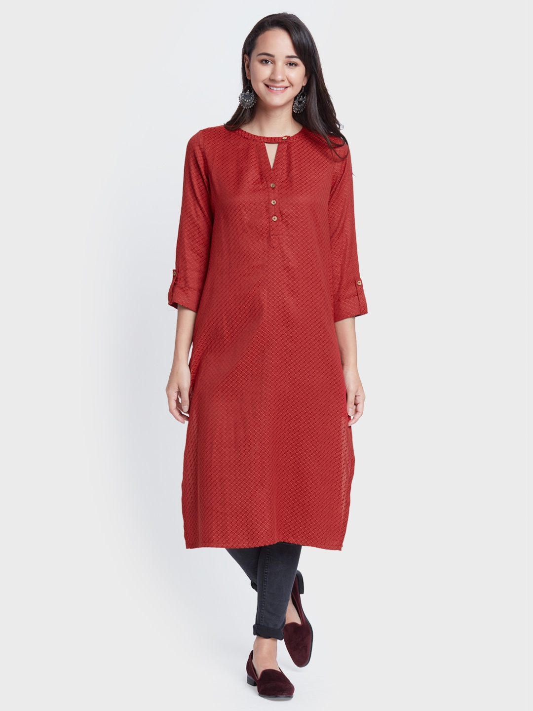 

Global Desi Women Red Woven Design Straight Kurta