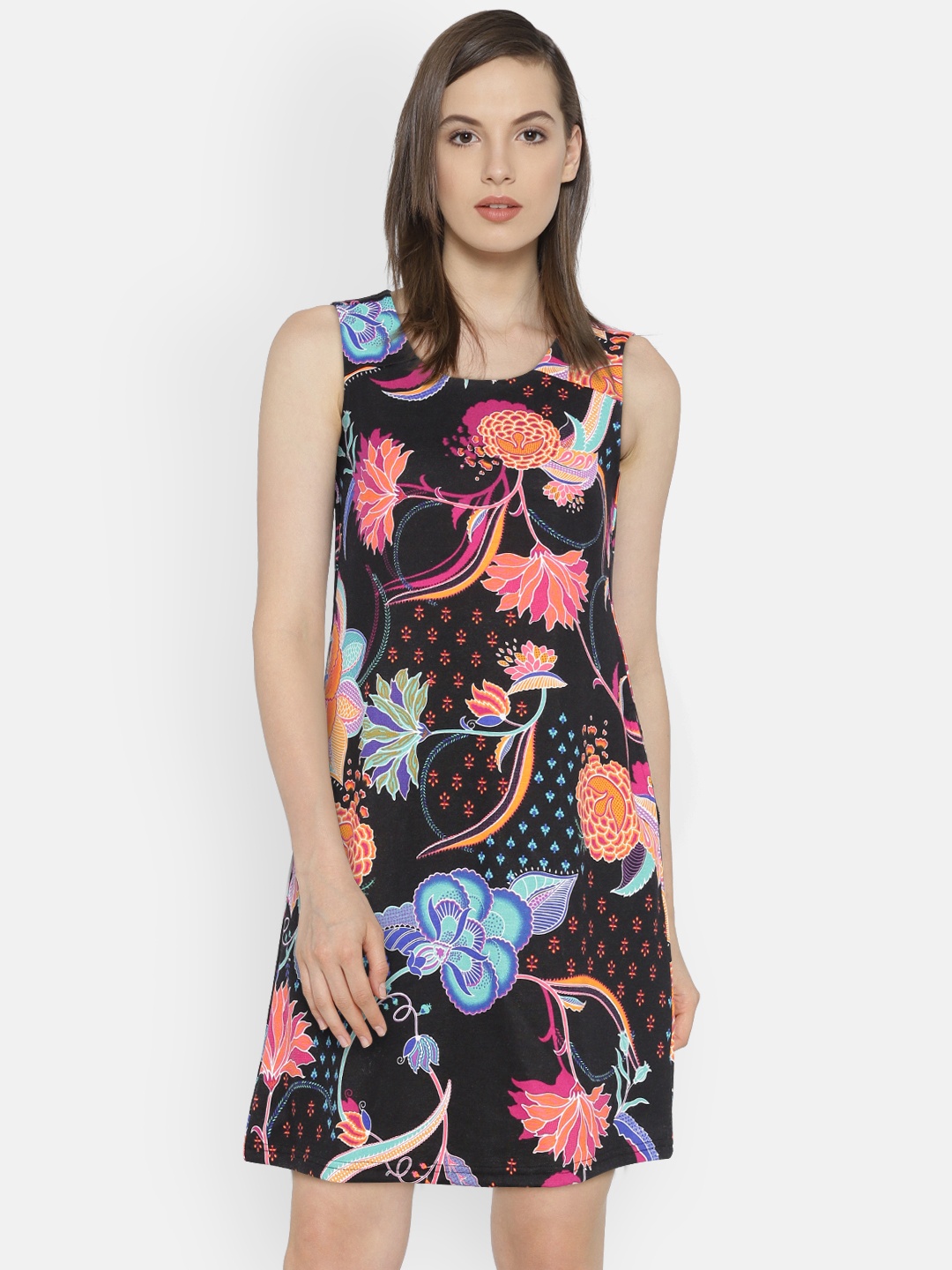 

Global Desi Women Black & Orange Printed Sheath Dress
