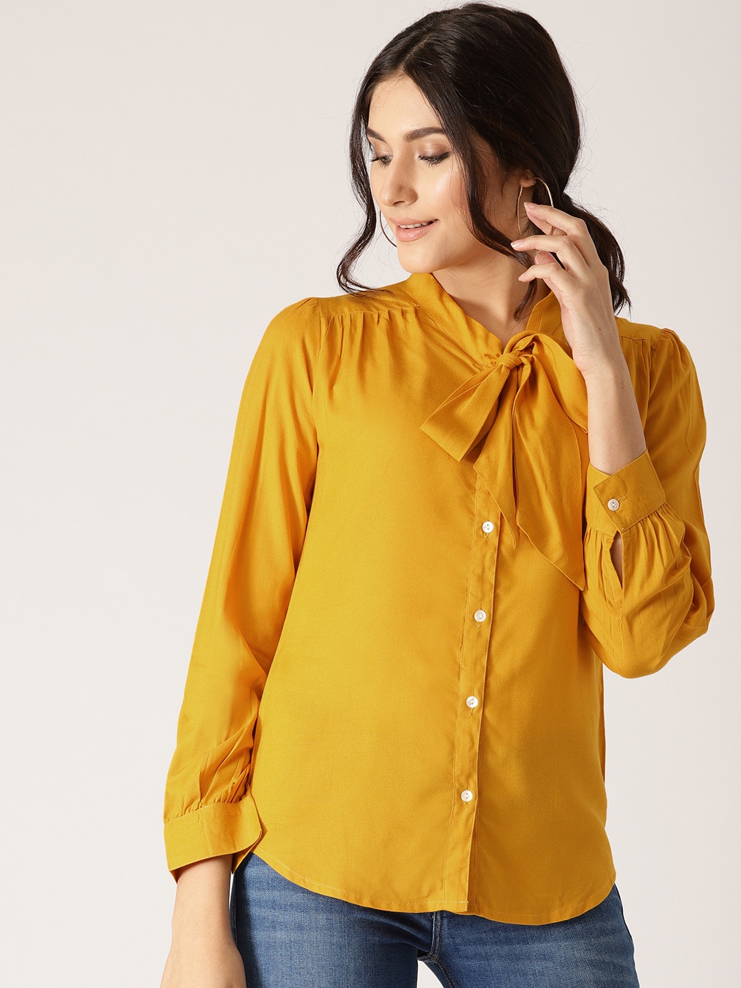 

AKS Couture Women Mustard Yellow Solid Shirt Style Top