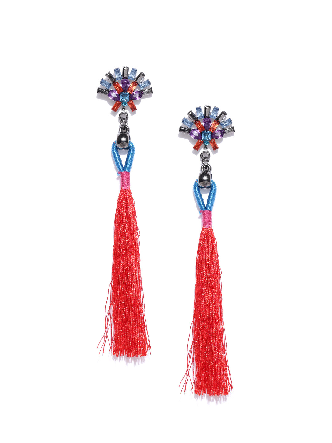 

Blueberry Blue & Red Stone-Studded Tasselled Drop Earrings