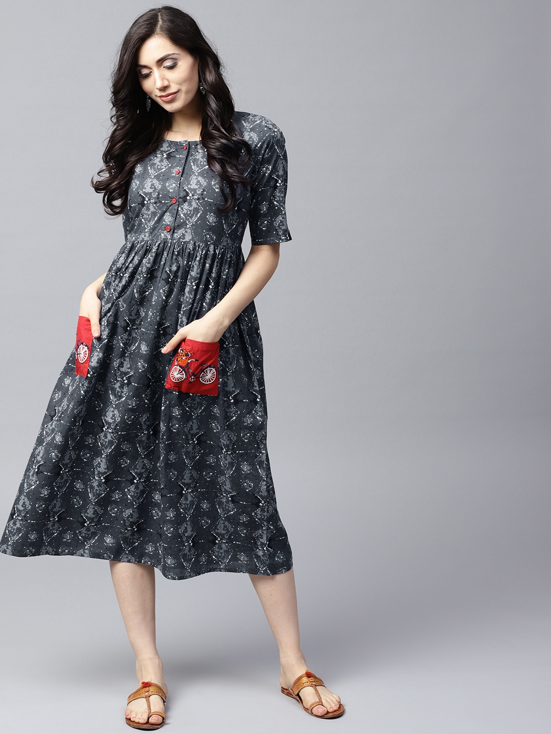 

AKS Women Grey Printed Fit and Flare Dress