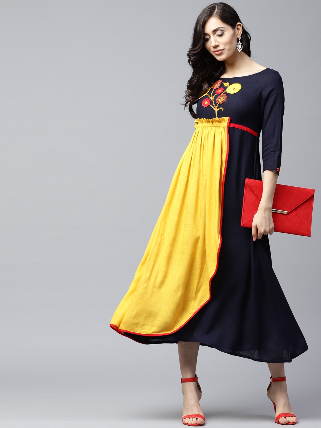 

AKS Women Navy Blue & Yellow Colourblocked Maxi Dress