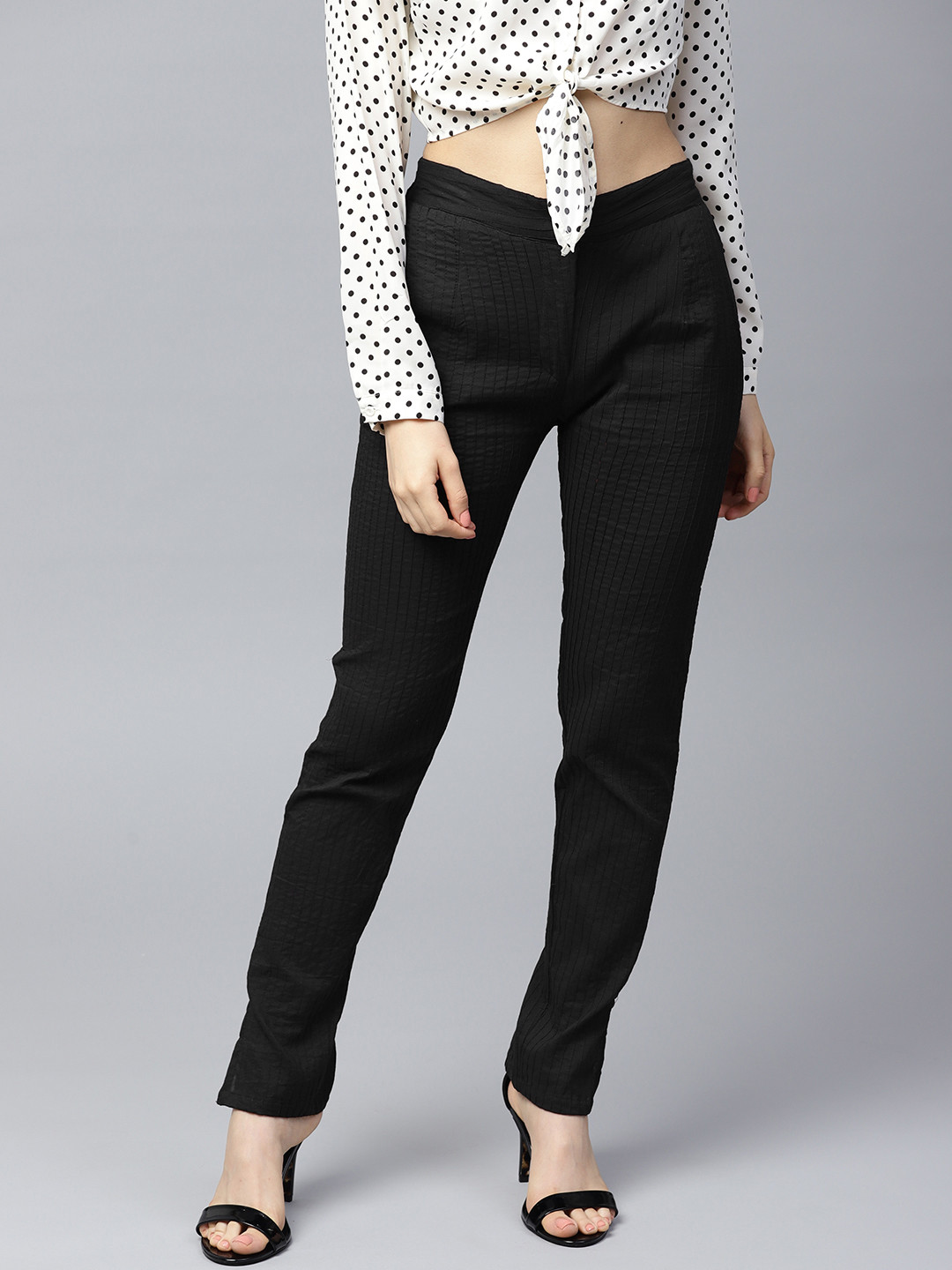

AKS Women Black Regular Fit Self-Striped Regular Trousers