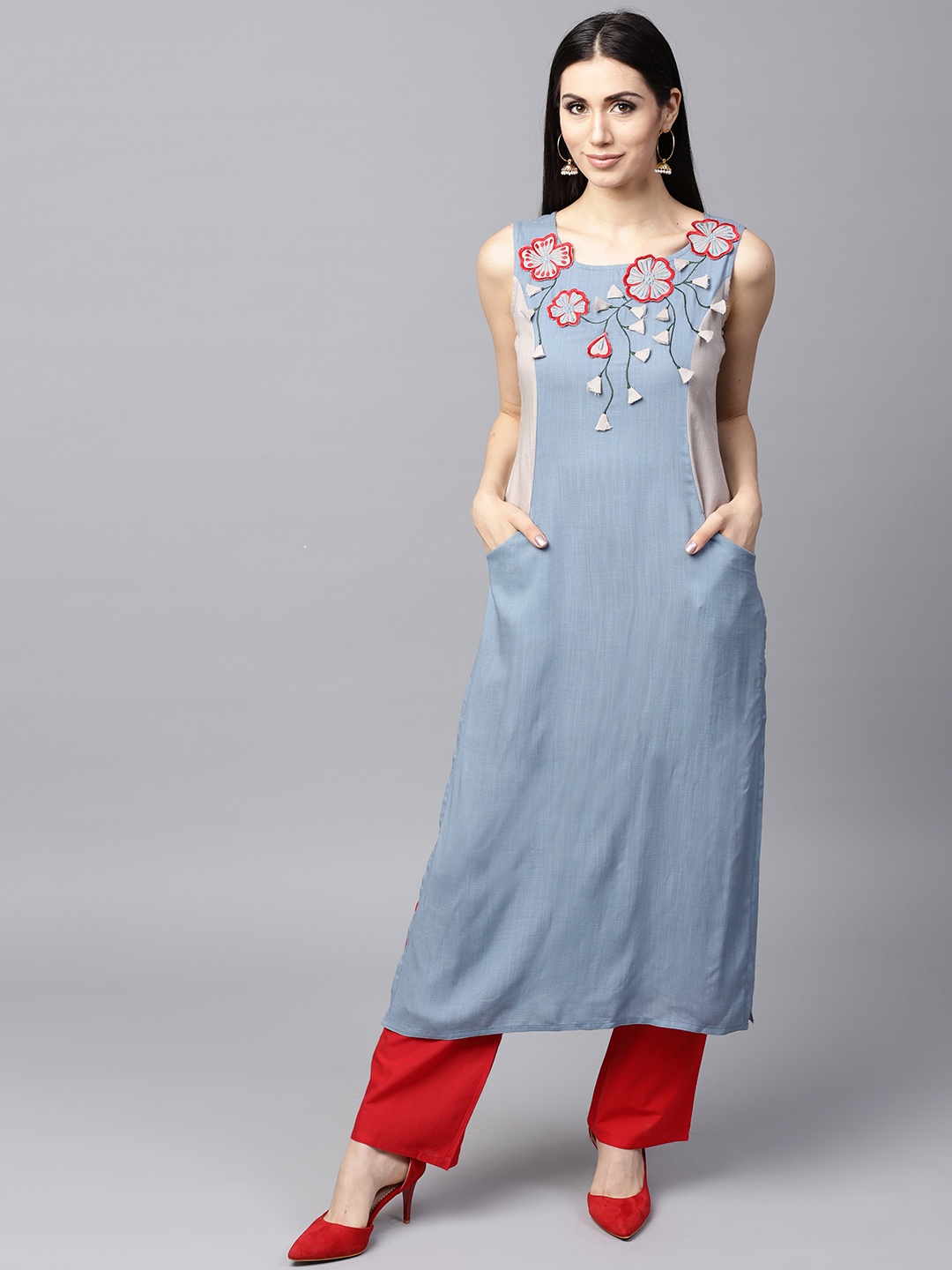 

AKS Women Blue & Grey Yoke Design Straight Kurta