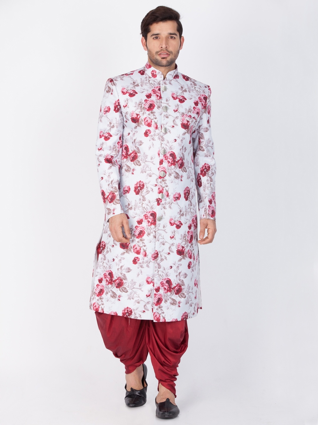 

Vastramay Men White & Maroon Printed Sherwani with Dhoti Pants