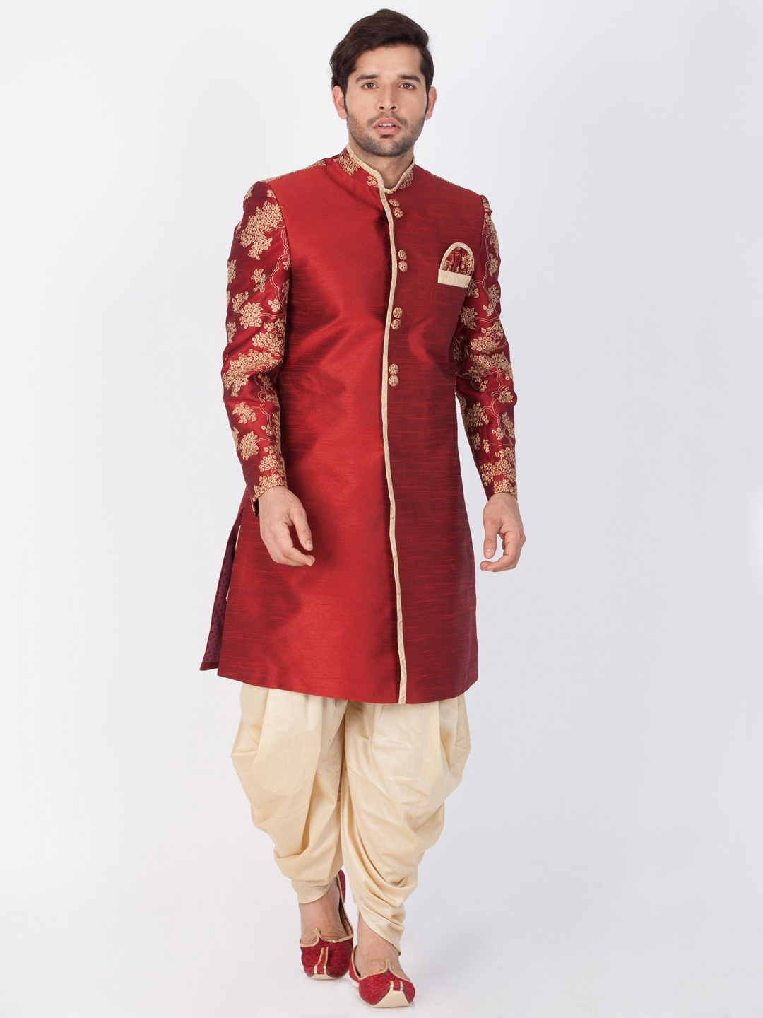 

Vastramay Men Maroon & Cream-coloured Sherwani with Dhoti Pants