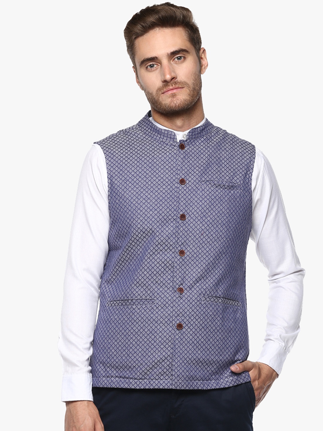 

SALWAR STUDIO Men Cotton Printed Grey & Blue Nehru Jackets