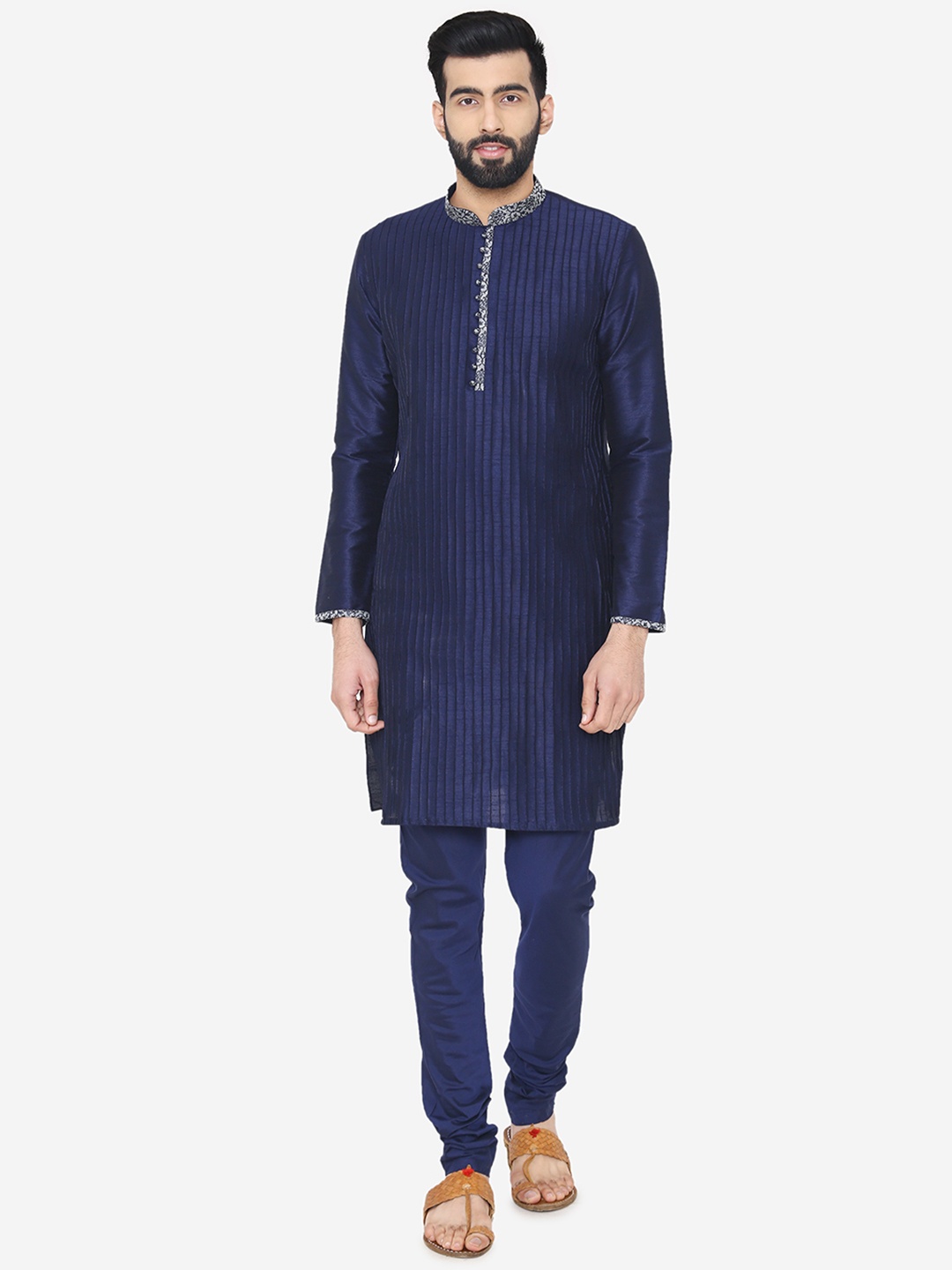 

Manyavar Men Blue & White Self Design Kurta with Churidar & Nehru Jacket