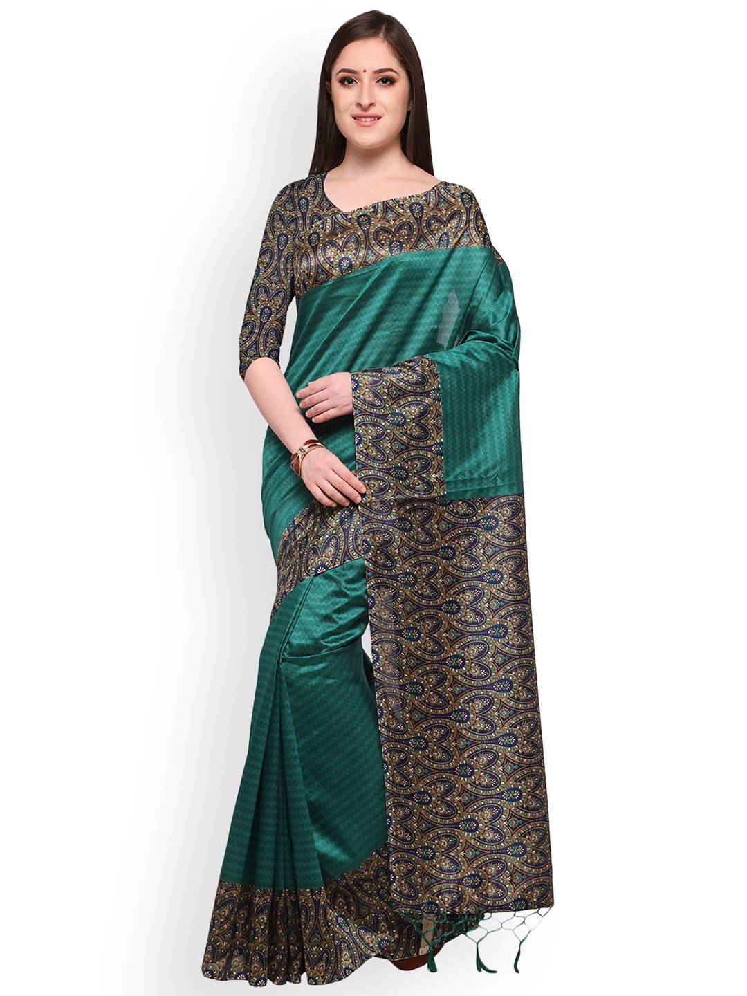 

Blissta Teal Art Silk Printed Mysore Silk Saree