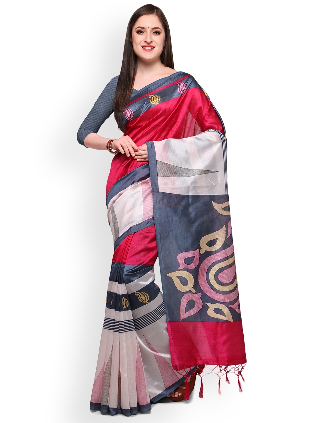 

Blissta White & Red Art Silk Printed Mysore Silk Saree