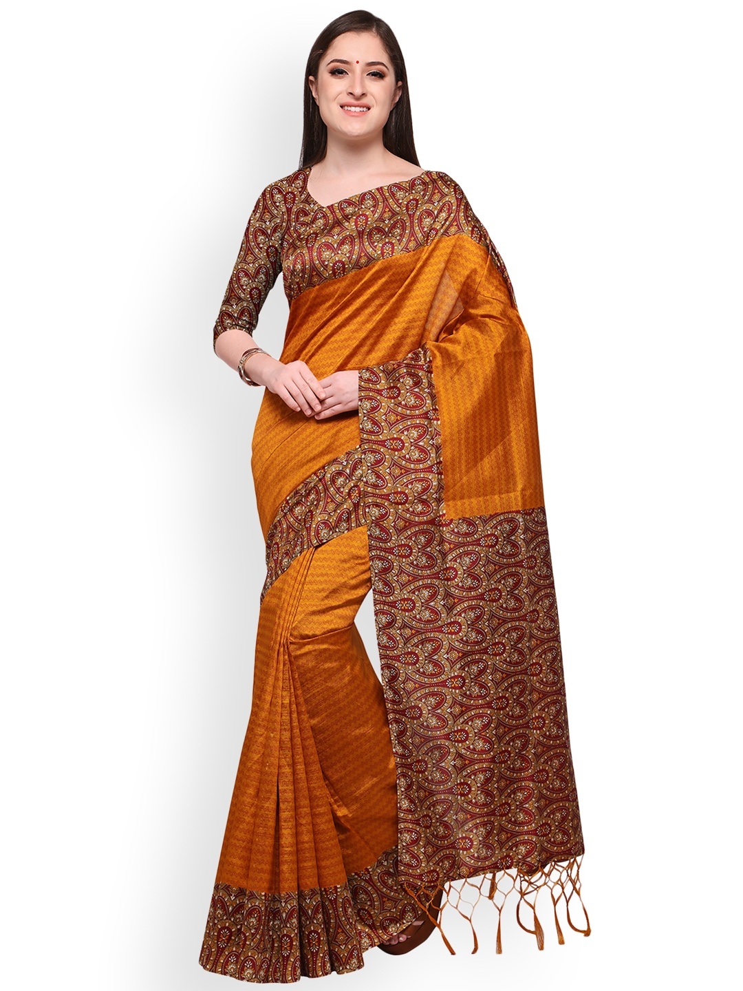 

Blissta Orange Art Silk Printed Mysore Silk Saree