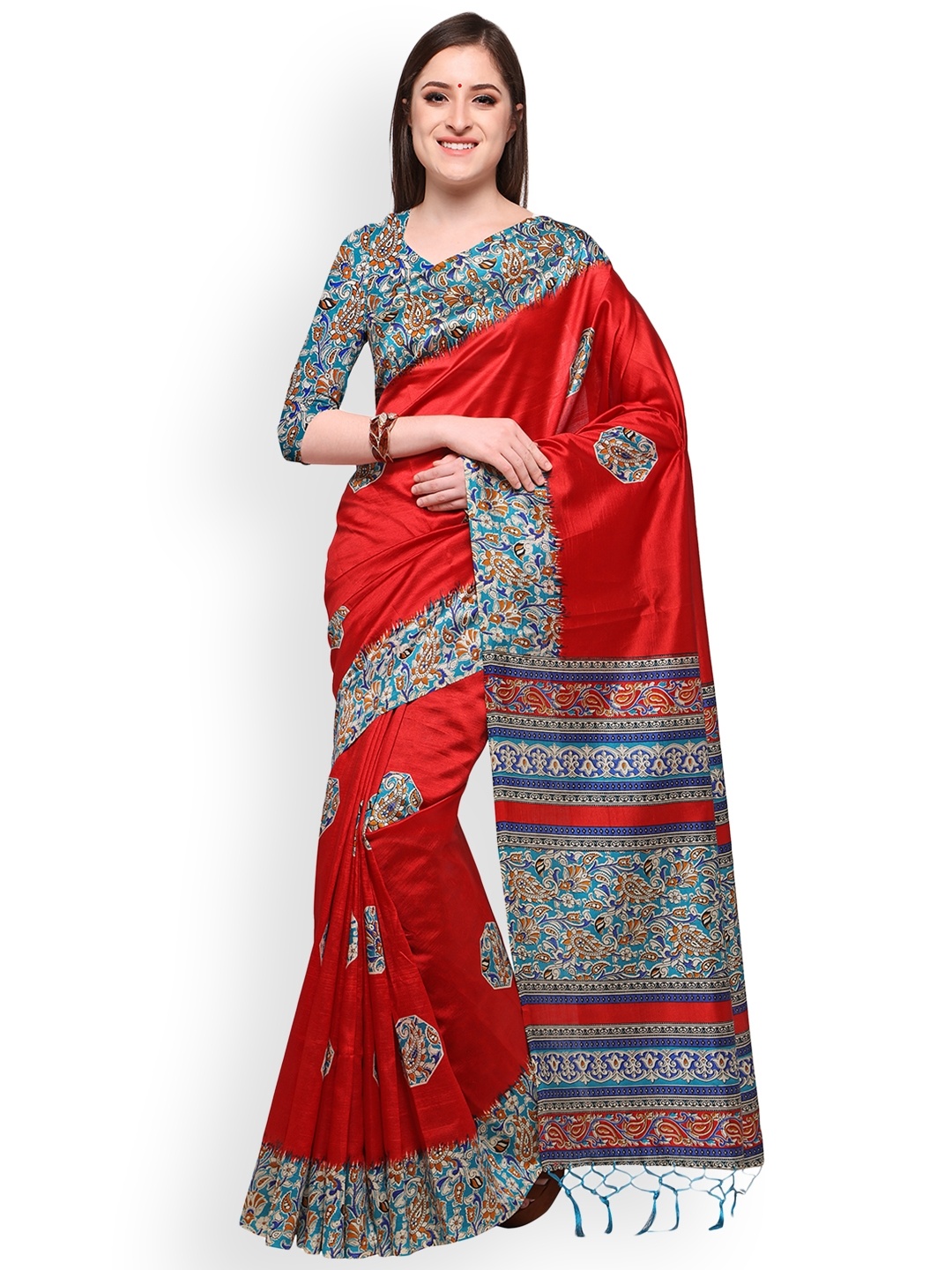 

Blissta Red Printed Kalamkari Mysore Silk Saree