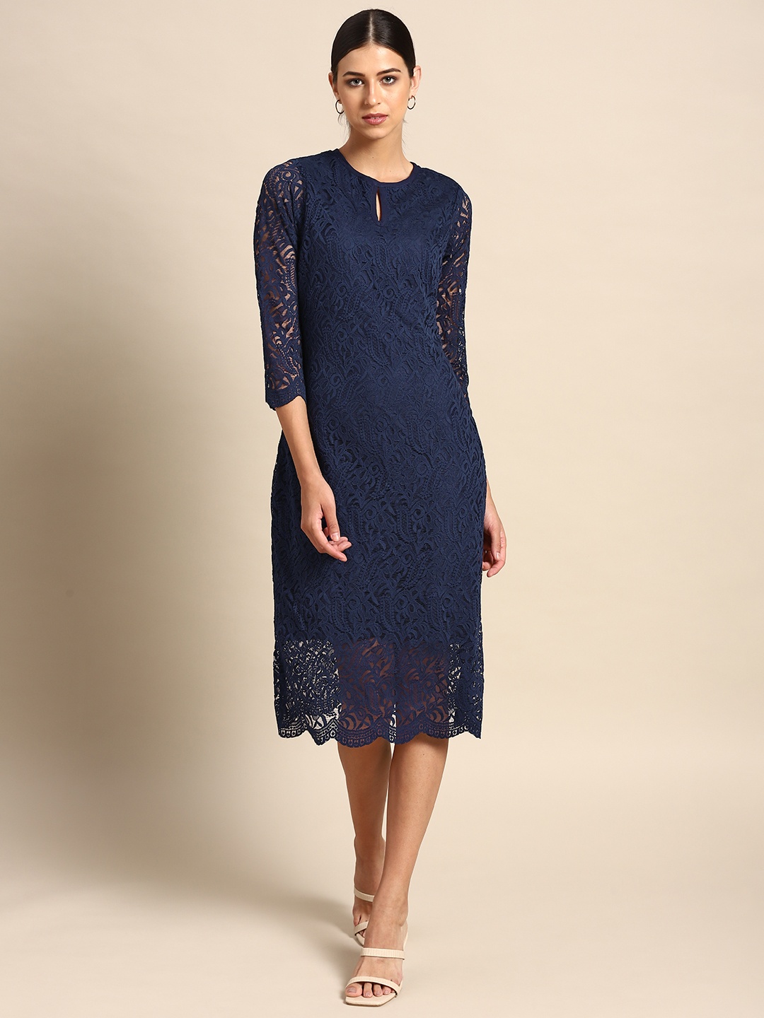 

Athena Navy Blue Keyhole Neck Lace Midi Sheath Dress