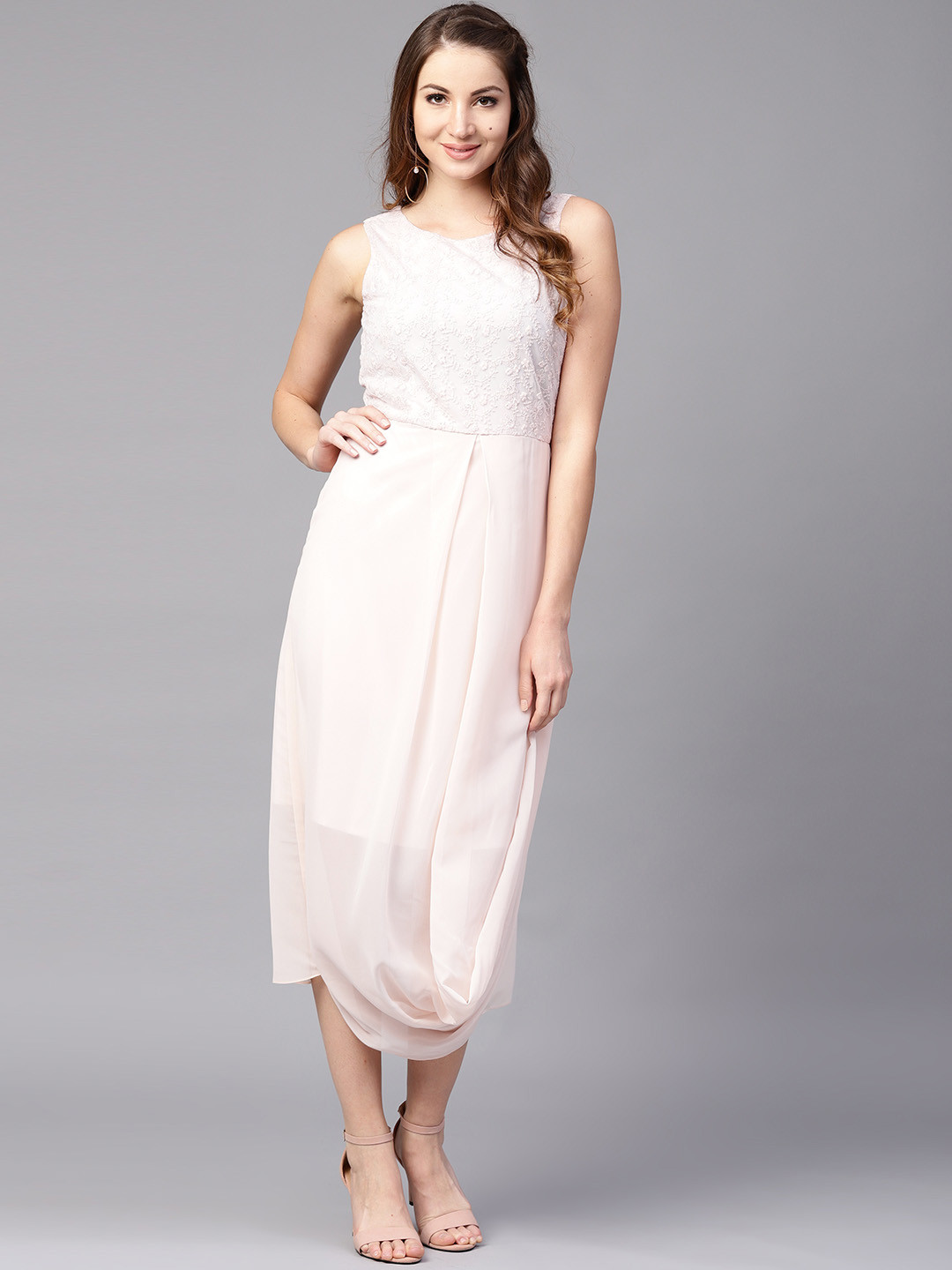 

Athena Women Peach-Coloured Embroidered Midi A-Line Dress