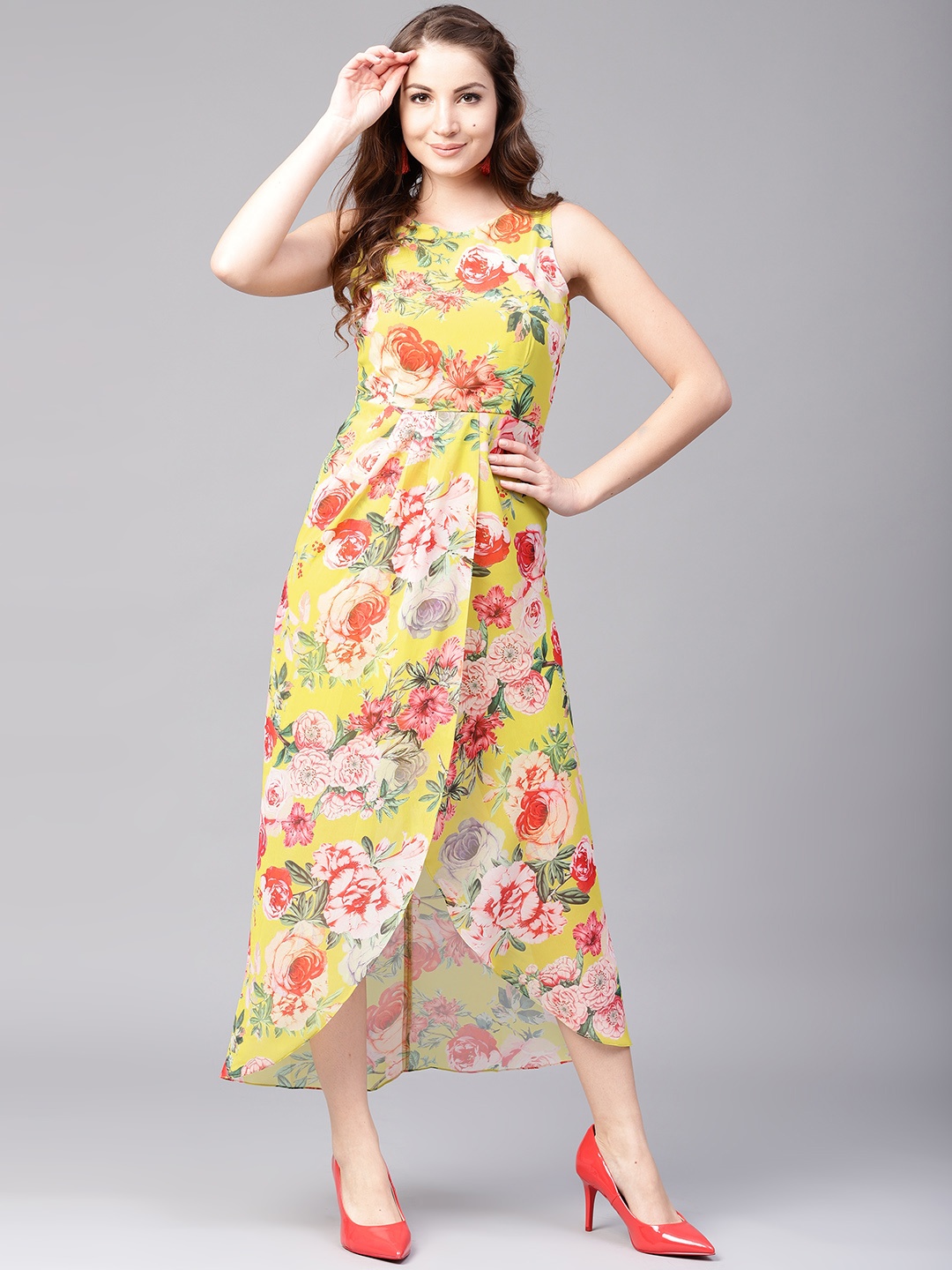 

Athena Women Lime Green Floral Print Maxi Dress