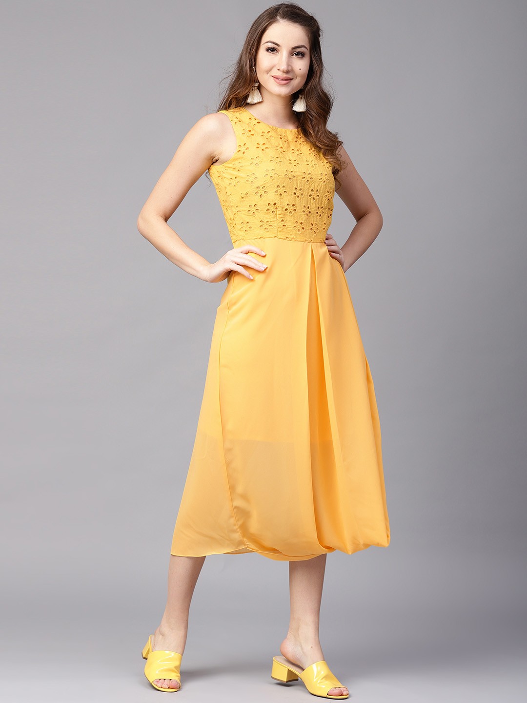 

Athena Women Yellow Solid Fit and Flare Dress