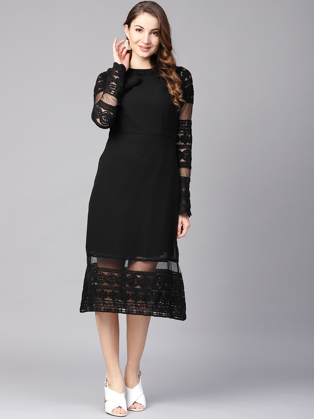 

Athena Women Black Lace Solid Detail Midi Sheath Dress
