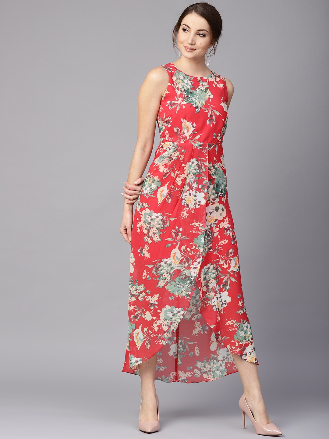 

Athena Women Coral Pink & Green Printed Maxi Dress