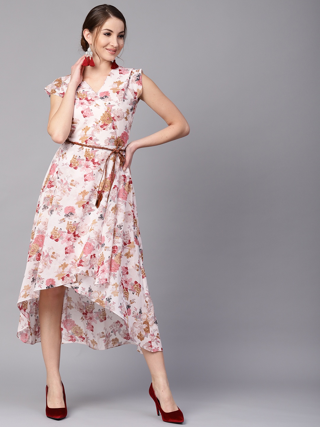 

Athena Women Peach-Coloured & Pink Printed Fit & Flare Dress