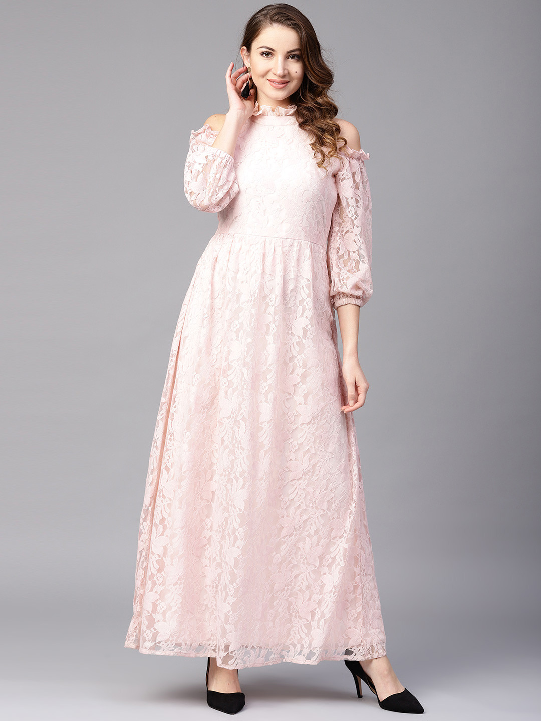 

Athena Women Pink Lace Cold-Shoulder Maxi Dress