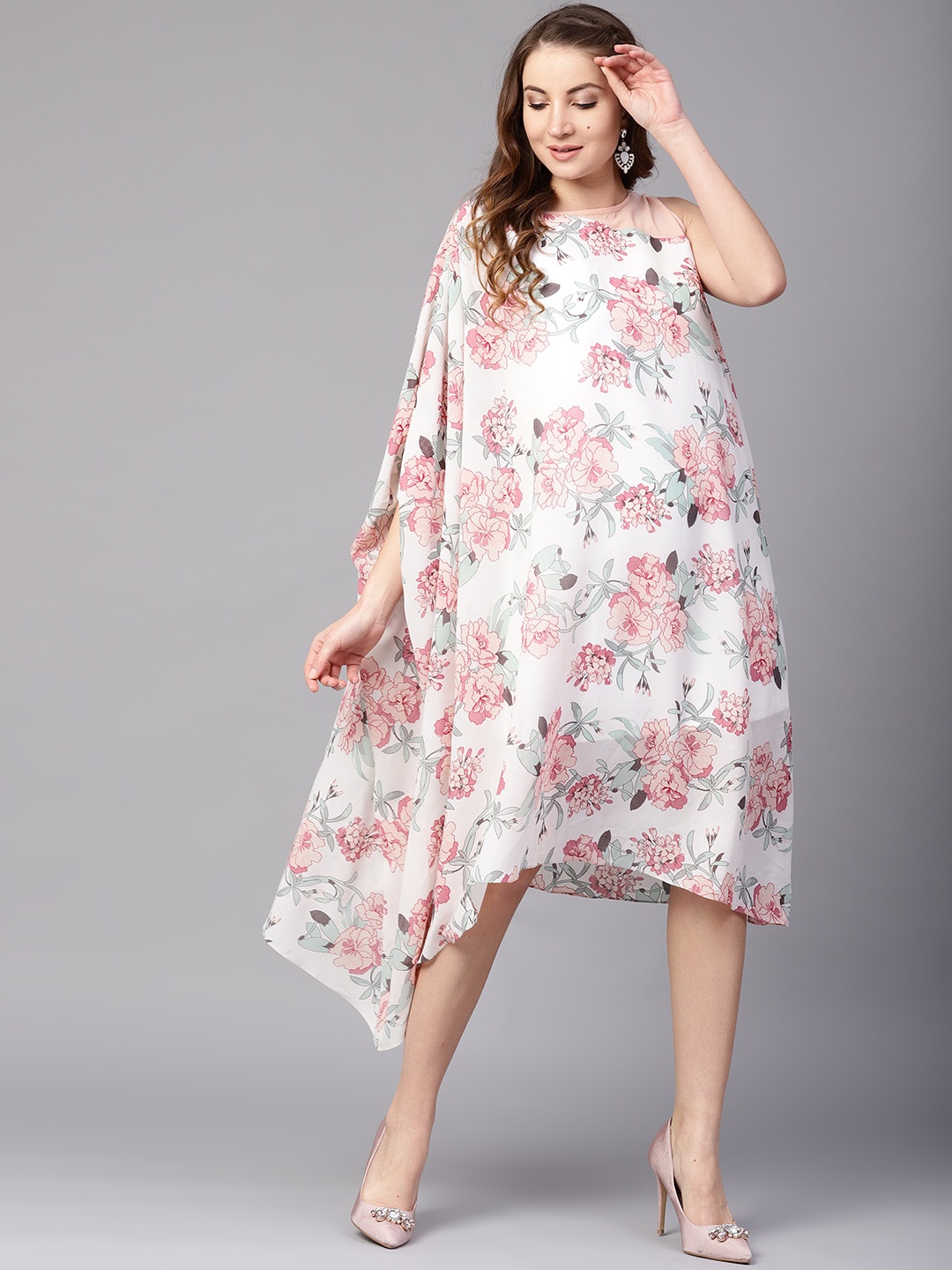 

Athena Women White & Pink Floral Print Midi Kaftan Dress