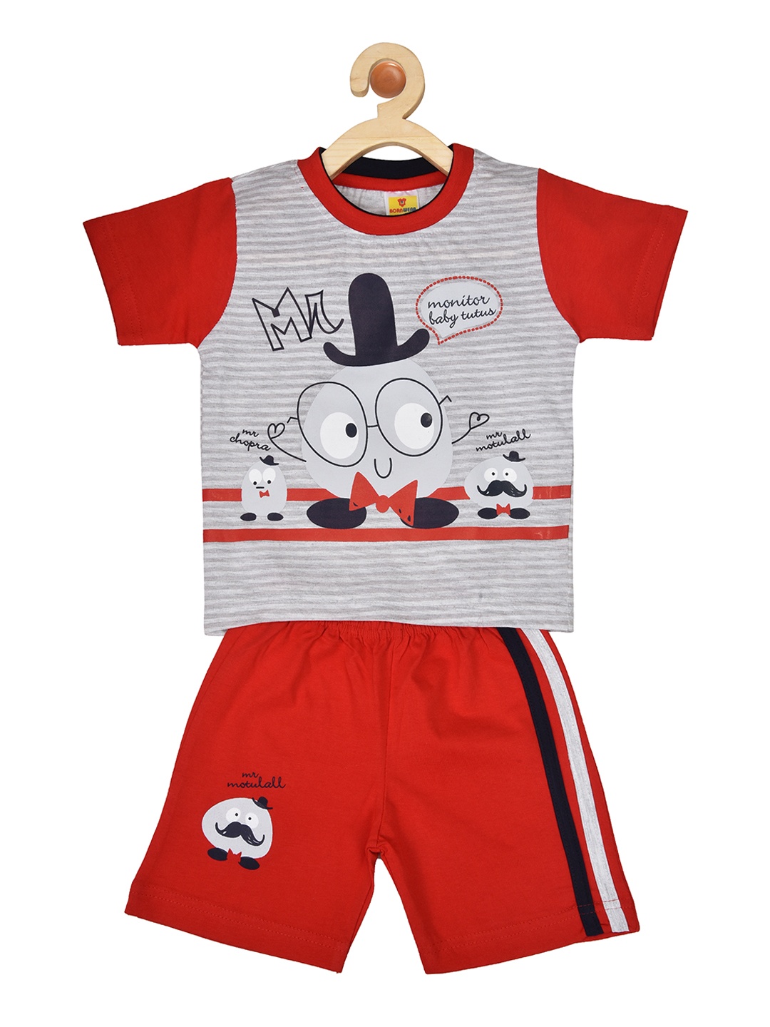 

BORN WEAR Boys Red & Grey Printed T-shirt with Shorts