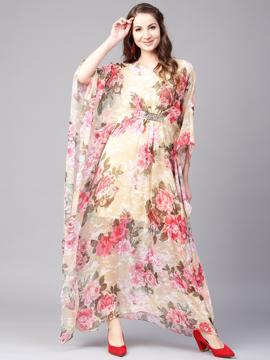 

Athena Women Beige & Pink Floral Print Maxi Kaftan Dress