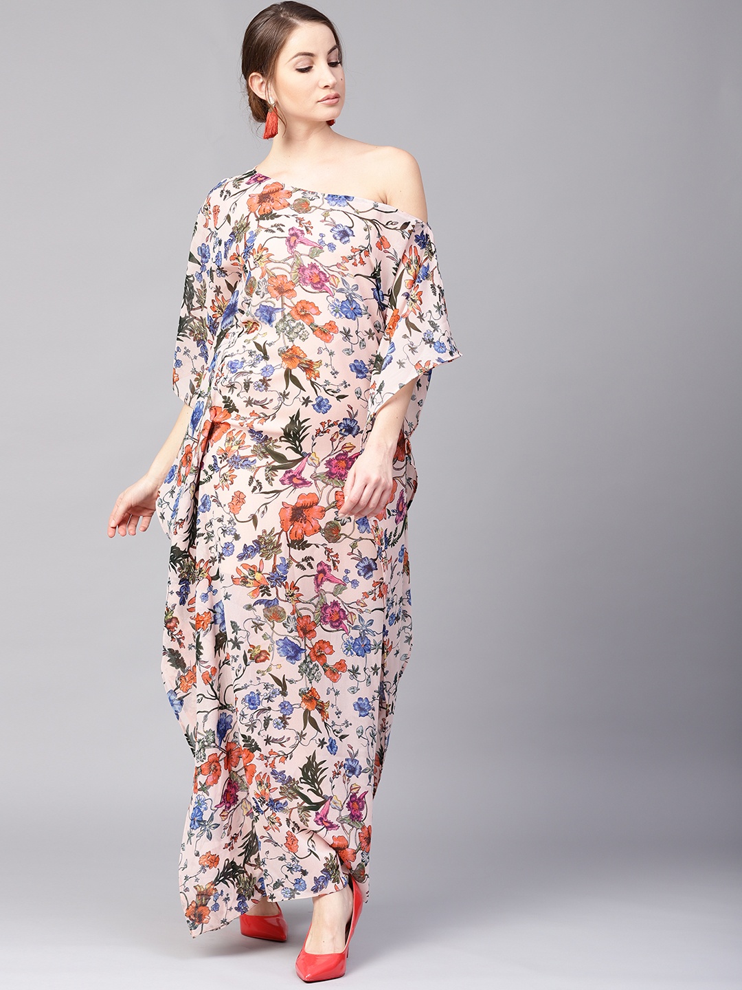 

Athena Women Peach-Coloured Printed One-Shoulder Maxi Kaftan Dress
