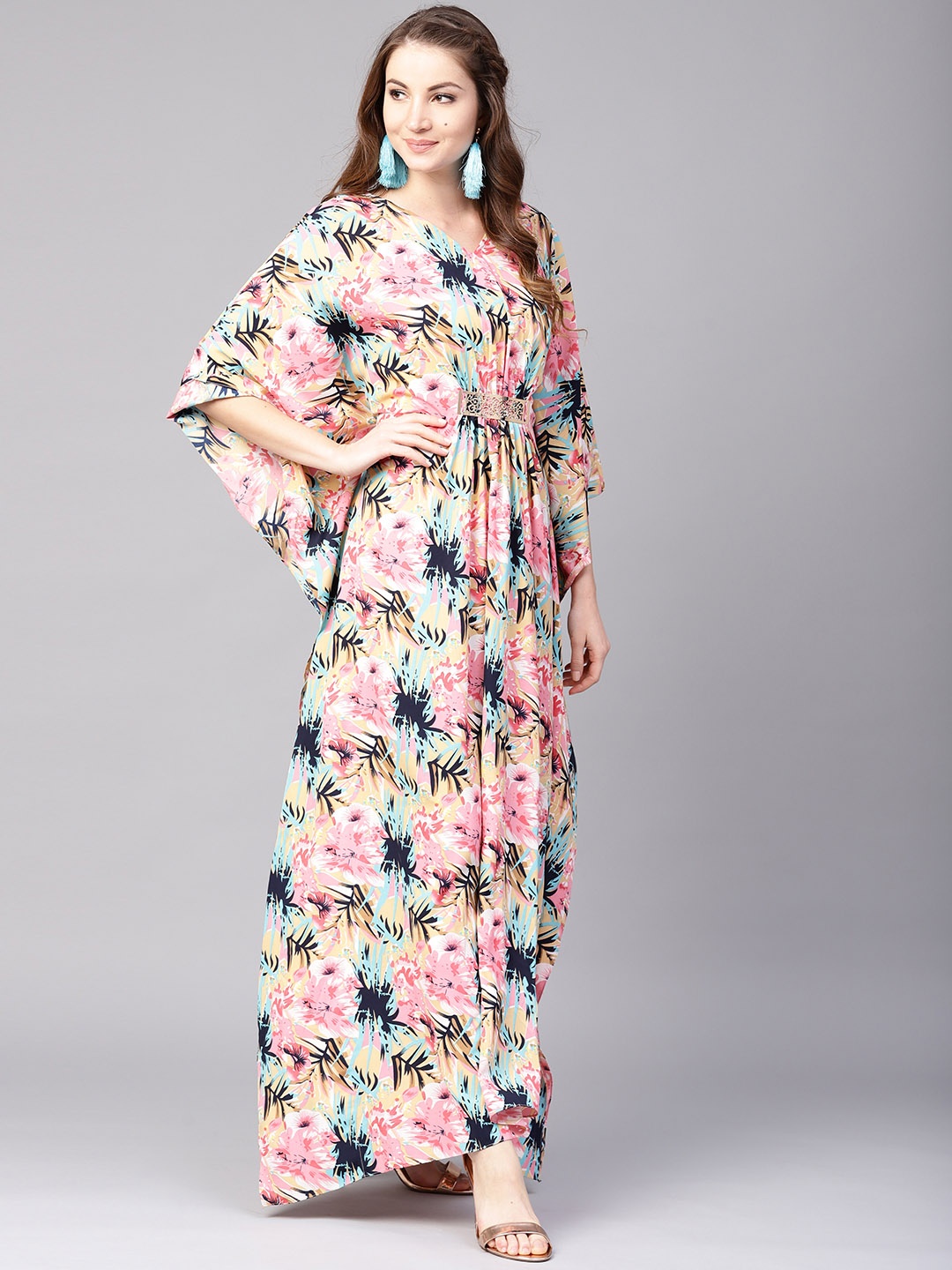 

Athena Women Pink & Navy Printed Maxi Kaftan Dress