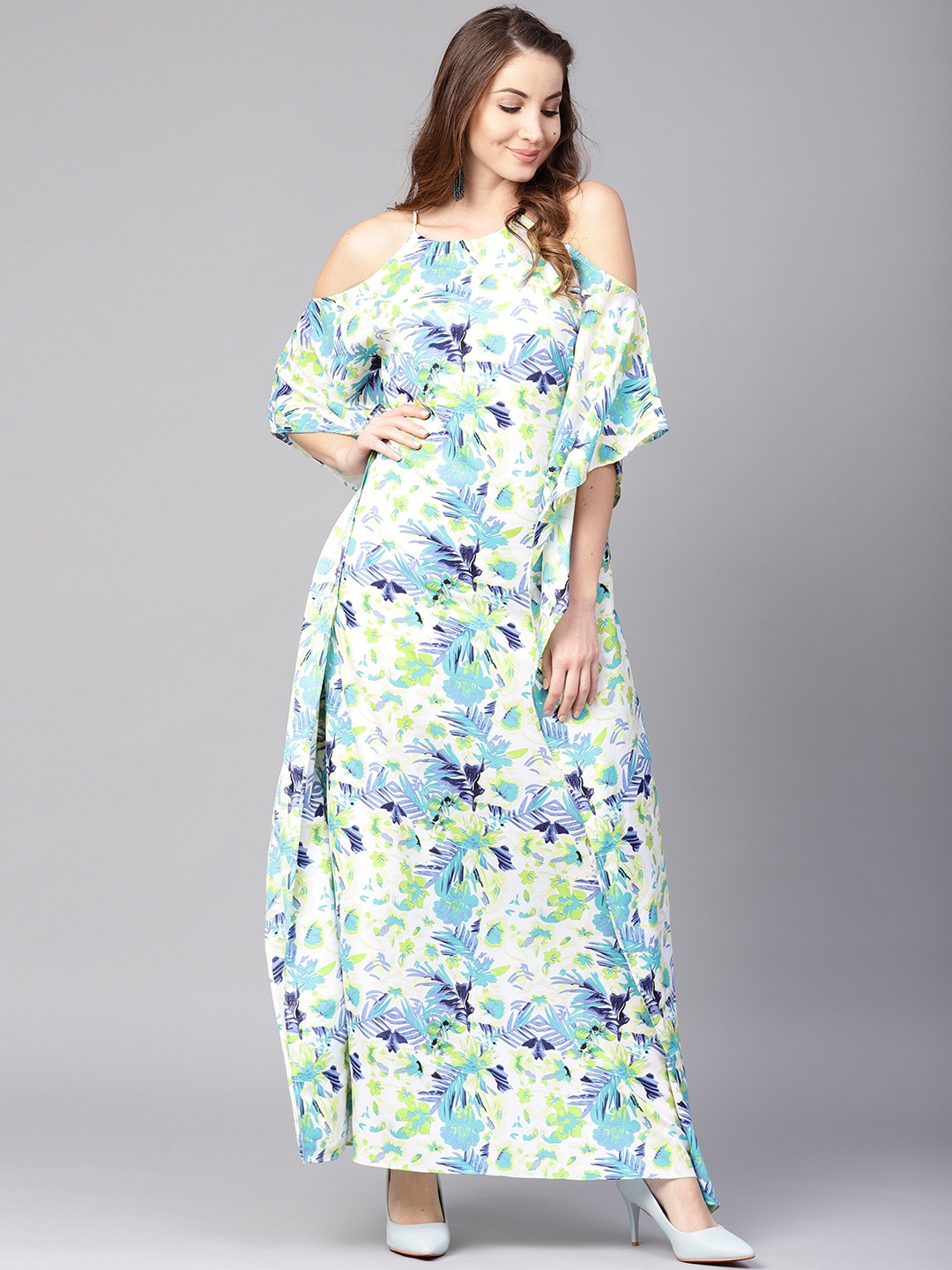 

Athena Women White & Blue Printed Cold Shoulder Maxi Kaftan Dress