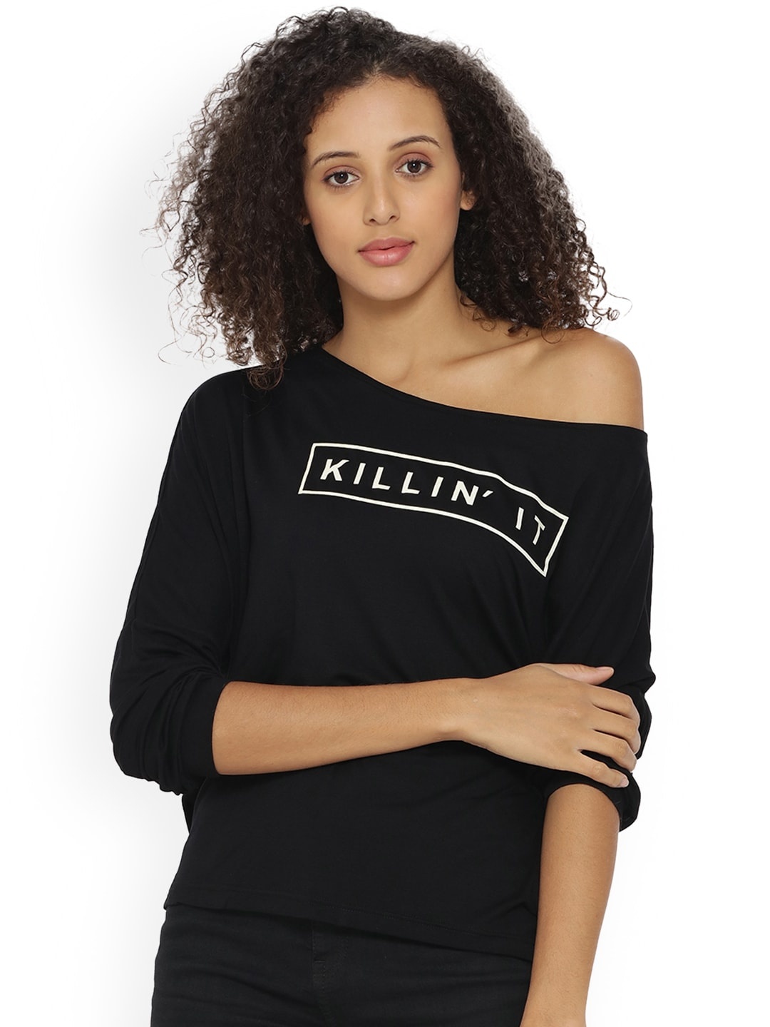 

Campus Sutra Women Black Printed Pure Cotton Top
