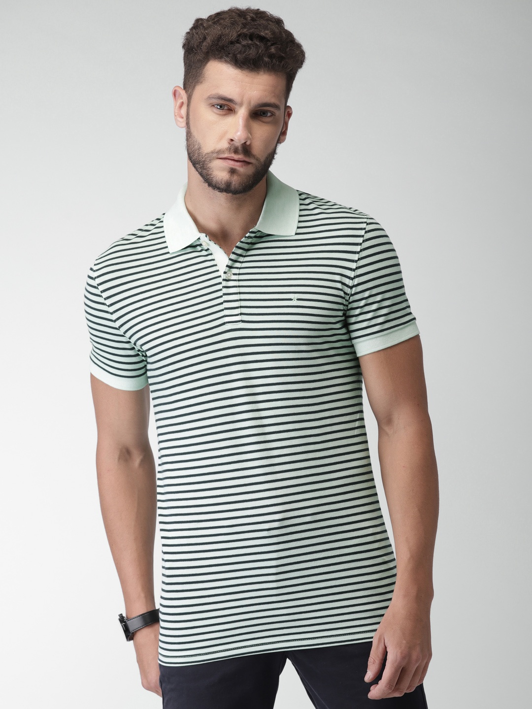 

Celio Men Sea Green & Blue Striped Polo Collar T-shirt